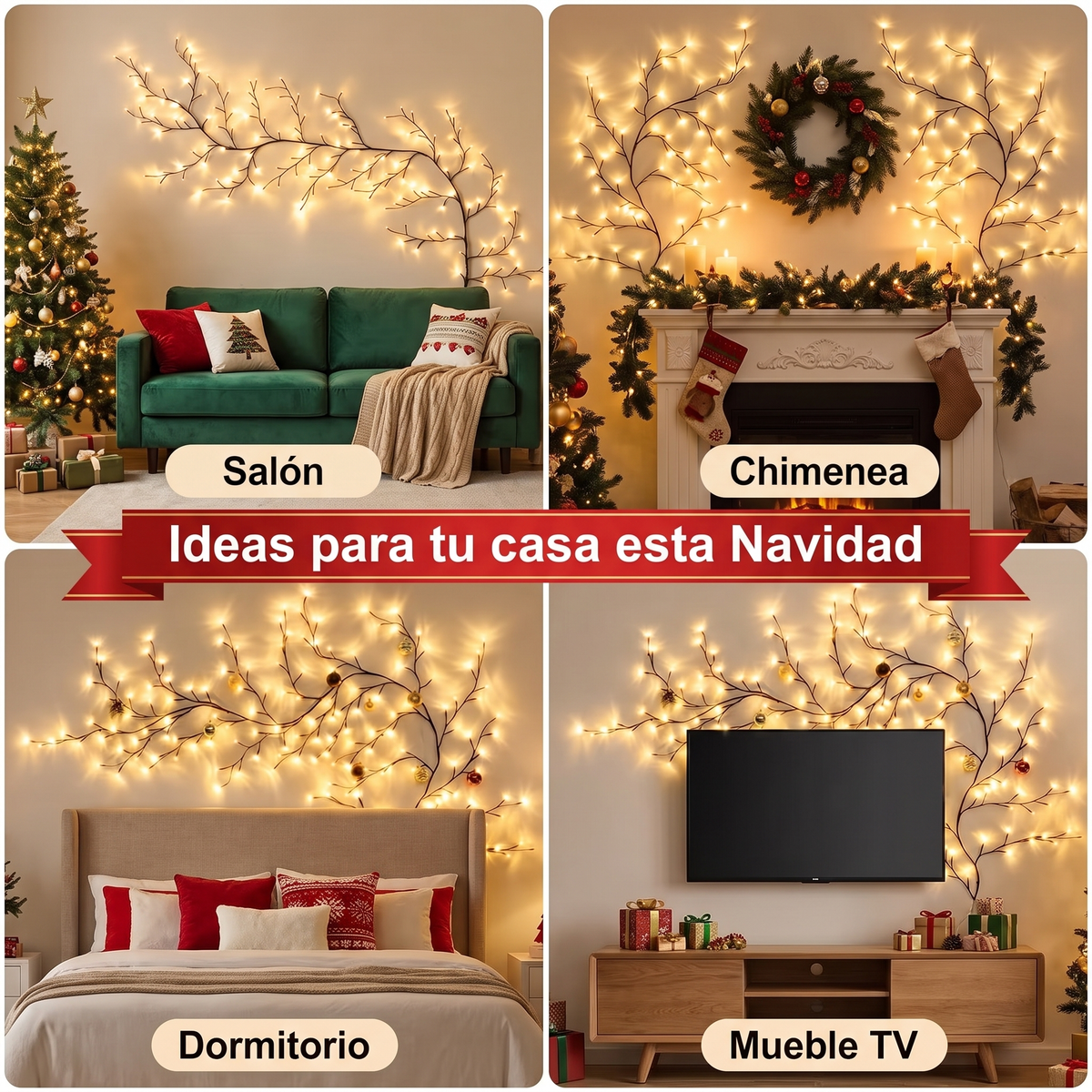 Ideas para decorar con LumiRama en Navidad: salón, chimenea, dormitorio y mueble TV
